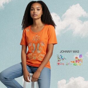 Johnny Was Size Small Vibrant Orange "Peacock Embroidered Tee" NWOT